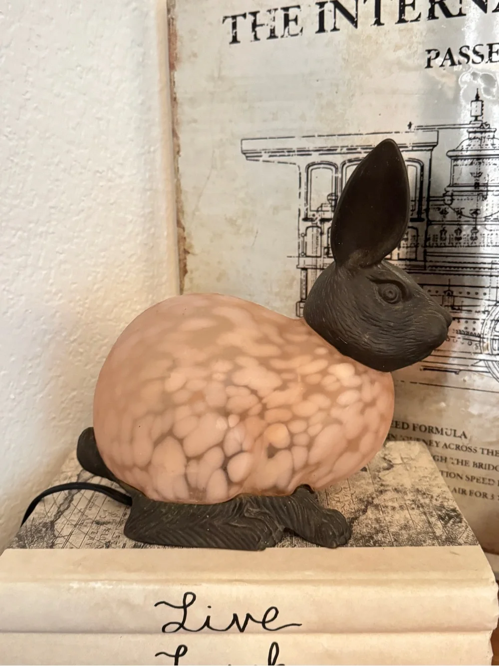 Vintage Andrea by Sadek Tin Chi Rabbit Lamp Glass & Brass Pink Spotted Bunny